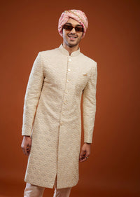 Cream White Abla Embroidered Sherwani Set