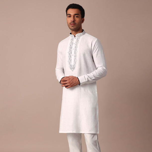 White Straight Linen Kurta With Yoke Detail