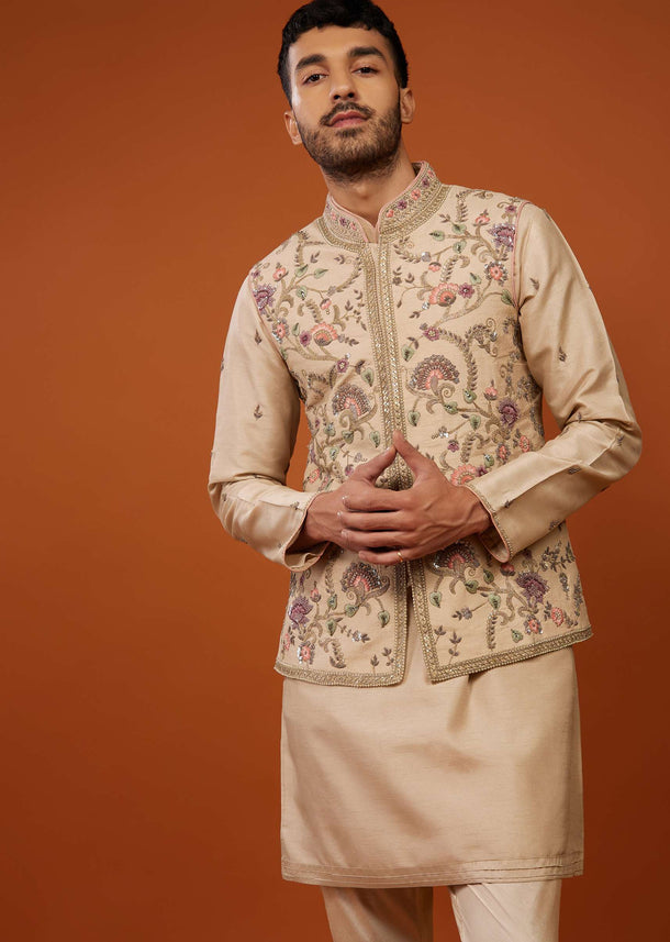 Beige White Embroidered Bandi Jacket Set In Bangalore Silk