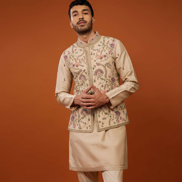 Beige White Embroidered Bandi Jacket Set In Bangalore Silk