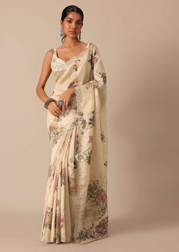 White Tussar Saree With Scallop Border And Unstitched Blouse Piece