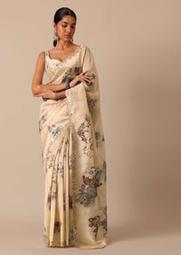 White Tussar Silk Saree With Mirror Scallop Border And Unstitched Blouse Piece