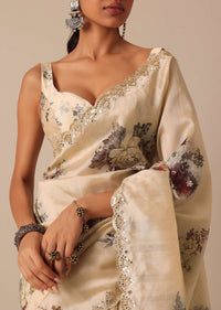 White Tussar Silk Saree With Mirror Scallop Border And Unstitched Blouse Piece