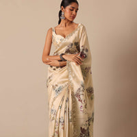 White Tussar Silk Saree With Mirror Scallop Border And Unstitched Blouse Piece