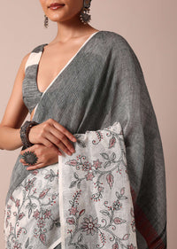 White Woven Cotton Linen Embroidered Saree With Floral Motifs And Unstitched Blouse Piece