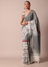 White Woven Cotton Linen Embroidered Saree With Floral Motifs And Unstitched Blouse Piece