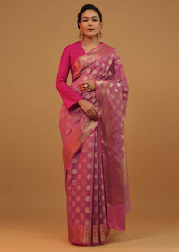 Wild Orchid Pink Saree In Pure Handloom Cotton With Banarasi Chanderi Weave