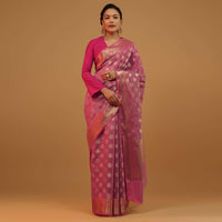 Wild Orchid Pink Saree In Pure Handloom Cotton With Banarasi Chanderi Weave