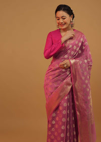 Wild Orchid Pink Saree In Pure Handloom Cotton With Banarasi Chanderi Weave