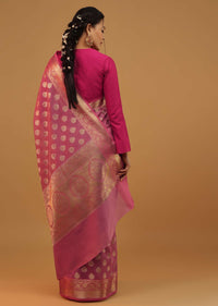 Wild Orchid Pink Saree In Pure Handloom Cotton With Banarasi Chanderi Weave