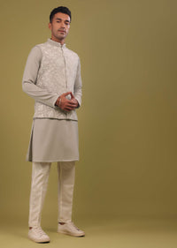 Cool Grey Thread Embroidered Bandi Jacket Set In Polyster Fabric