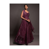 Wine Anarkali Suit In Silk With Abla Embroidered Geometric Pattern