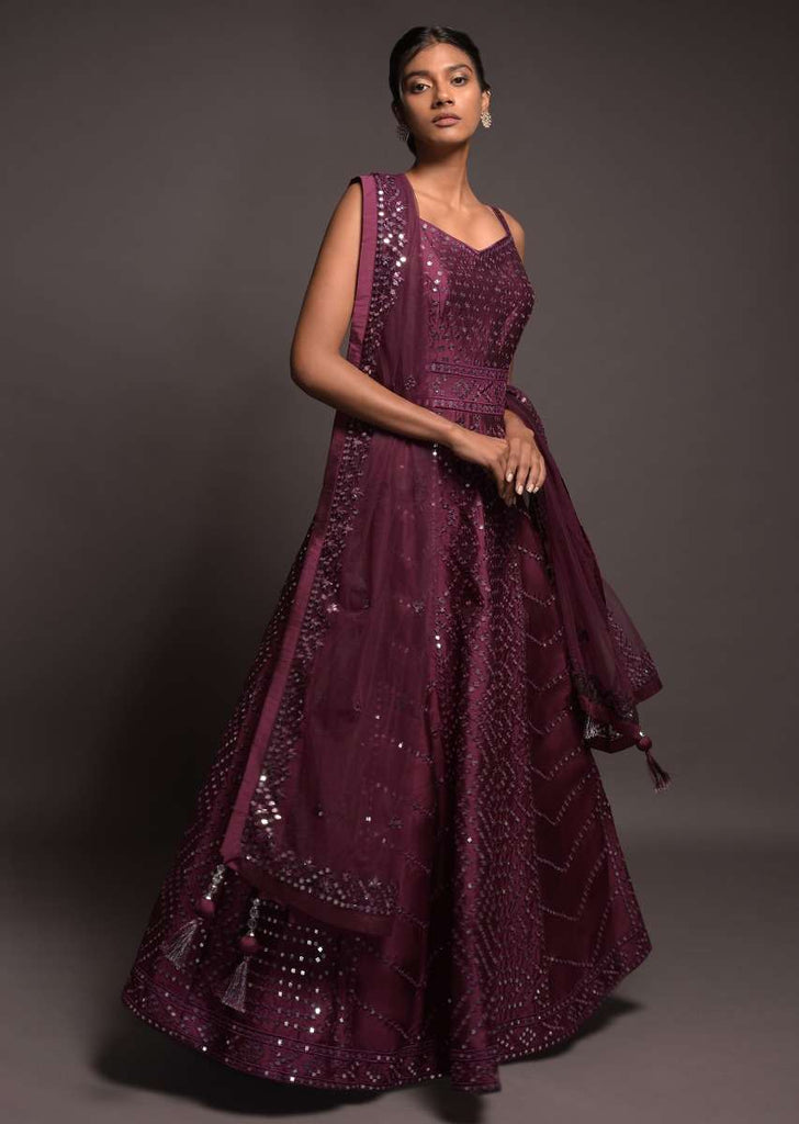 Wine Anarkali Suit In Silk With Abla Embroidered Geometric Pattern