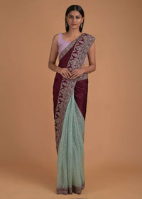 Wine And Turq Half And Half Saree With Satin Pallu And Net Pleats With Scallop Embroidery Online - Kalki Fashion