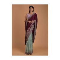 Wine And Turq Half And Half Saree With Satin Pallu And Net Pleats With Scallop Embroidery Online - Kalki Fashion