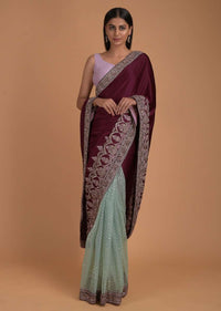 Wine And Turq Half And Half Saree With Satin Pallu And Net Pleats With Scallop Embroidery Online - Kalki Fashion