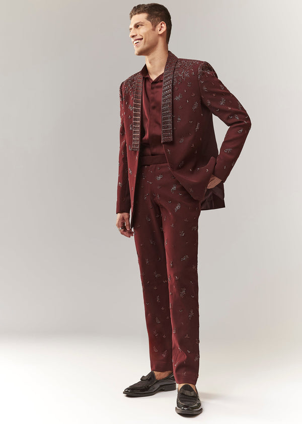 Wine Blazer Set With Hand Embroidery And Linen Shirt
