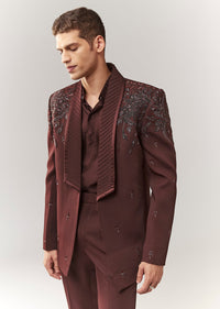 Wine Blazer Shirt Set With Hand Embroidery And Satin Organza Shirt