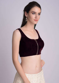 Wine Blouse In Velvet With Front Zip Opening