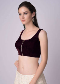 Wine Blouse In Velvet With Front Zip Opening