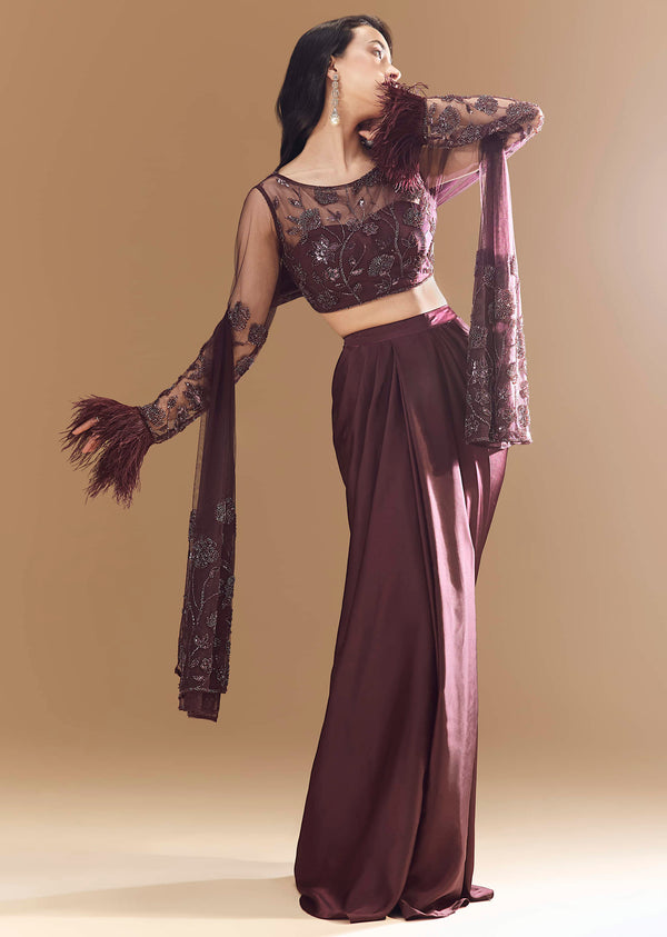 Wine Embroidered Feathered Sleeves Crop Top And Skirt Set With Dupatta