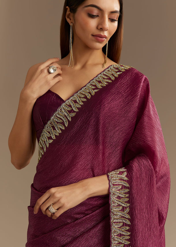 Wine Crushed Tissue Saree With Cutdana And Stone Embroidery