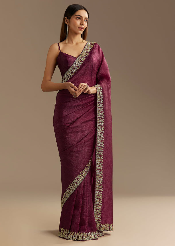 Wine Crushed Tissue Saree With Cutdana And Stone Embroidery