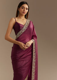 Wine Crushed Tissue Saree With Cutdana And Stone Embroidery