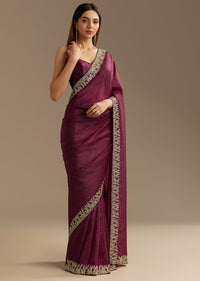 Wine Crushed Tissue Saree With Cutdana And Stone Embroidery