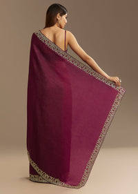 Wine Crushed Tissue Saree With Cutdana And Stone Embroidery