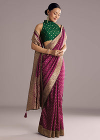 Wine Dola Silk Saree With Butti Work And Floral Border