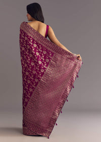 Wine Dola Silk Saree With Zari Jaal And Border Work