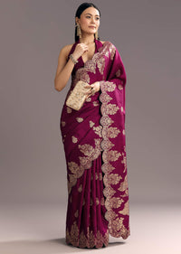 Wine Dola Silk Woven Motif Saree With Scallop Border