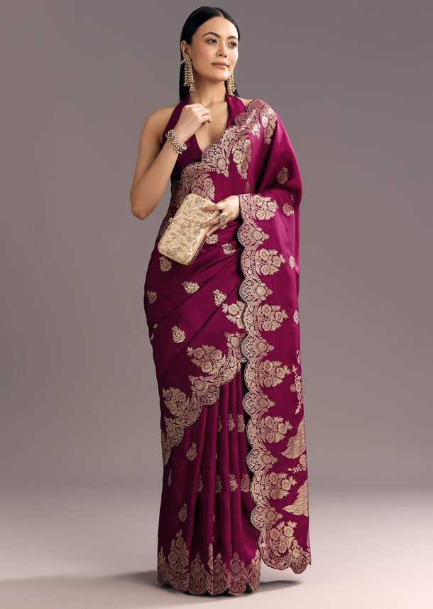 Wine Dola Silk Woven Motif Saree With Scallop Border