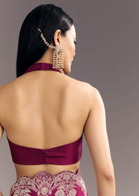 Wine Dola Silk Woven Motif Saree With Scallop Border