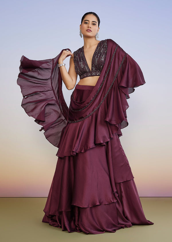Wine Ruffled Lehenga Choli With Embroidered Blouse