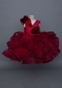 Wine Gown In Net With Flounced Layers And Handmade 3D Flowers Online - Kalki Fashion