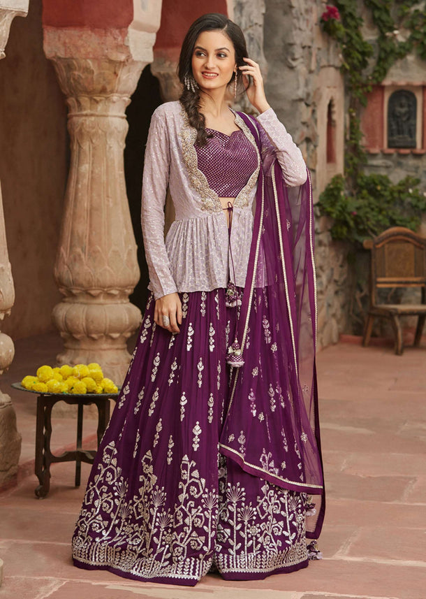 Wine Lehenga With Icy Mauve Peplum Jacket Set With Silver Toned Embroidery Online - Kalki Fashion