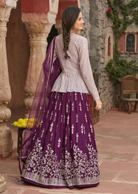 Wine Lehenga With Icy Mauve Peplum Jacket Set With Silver Toned Embroidery Online - Kalki Fashion