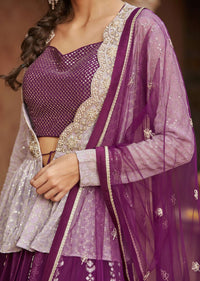 Wine Lehenga With Icy Mauve Peplum Jacket Set With Silver Toned Embroidery Online - Kalki Fashion