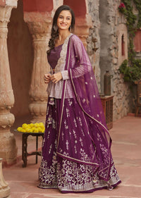 Wine Lehenga With Icy Mauve Peplum Jacket Set With Silver Toned Embroidery Online - Kalki Fashion