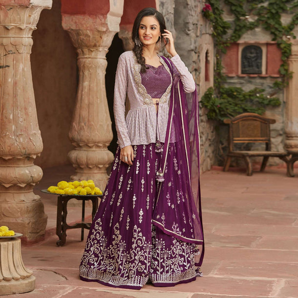 Wine Lehenga With Icy Mauve Peplum Jacket Set With Silver Toned Embroidery Online - Kalki Fashion