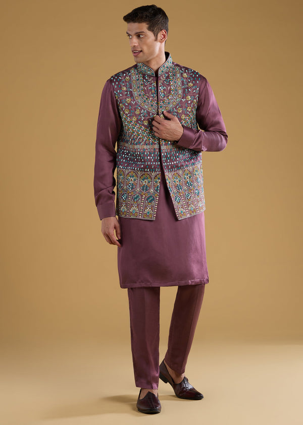 Wine Linen Satin Silk Embroidered Mens Jacket and Kurta Set