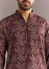 Wine Pashmina Silk Kurta Set With Vine Print Motifs