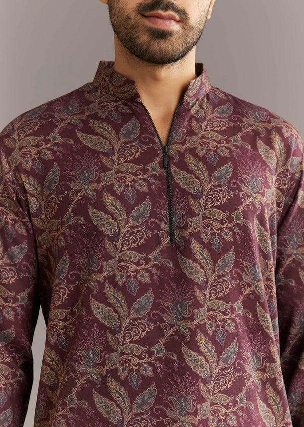 Wine Pashmina Silk Kurta Set With Vine Print Motifs