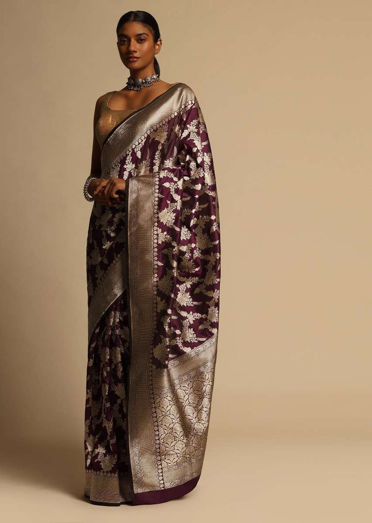 Wine Purple Banarasi Saree In Pure Handloom Silk With Woven Floral Jaal And Floral Border Along With Unstitched Blouse Piece Online - Kalki Fashion