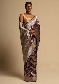 Wine Purple Banarasi Saree In Pure Handloom Silk With Woven Floral Jaal And Floral Border Along With Unstitched Blouse Piece Online - Kalki Fashion