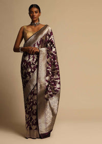 Wine Purple Banarasi Saree In Pure Handloom Silk With Woven Floral Jaal And Floral Border Along With Unstitched Blouse Piece Online - Kalki Fashion