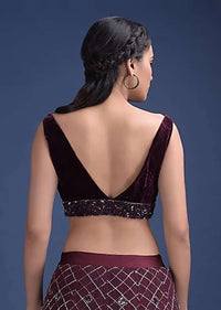 Wine Purple Blouse In Velvet With V Neckline And Waist Accented With Cut Dana And Sequins Work