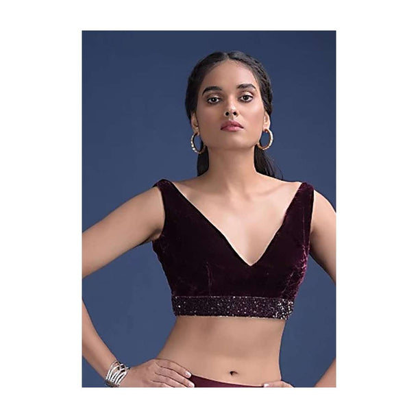 Wine Purple Blouse In Velvet With V Neckline And Waist Accented With Cut Dana And Sequins Work